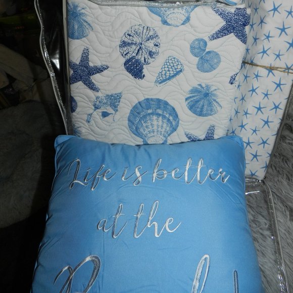 Sun & Sea 9 Pc Quilt Bedding Set Ocean Seashells Coastal King Blue/White NEW/NEW - Picture 4 of 14